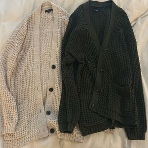 Women’s Waffle Knit Cardigan, Cream and Black, Size medium, American Eagle